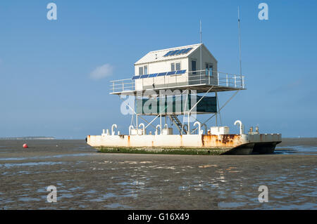 Cabina birdwatch sulle barene a bassa marea delle zone umide, il Wadden Sea, Paesi Bassi Foto Stock