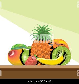 Un set di frutta con ombre, ananas e mango, pesche, kiwi, banana, fragola e limone, digitale immagine vettoriale. Illustrazione Vettoriale