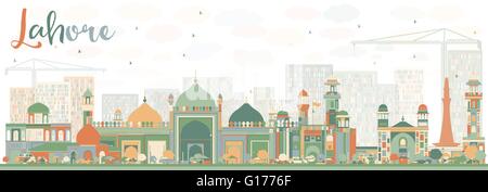 Abstract Lahore Skyline con punti di riferimento di colore. Illustrazione Vettoriale. Viaggi di affari e turismo concetto con edifici storici. Illustrazione Vettoriale