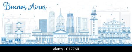 Profilo di Buenos Aires Skyline con punti di riferimento di colore blu. Illustrazione Vettoriale. Viaggi di affari e turismo Concept Illustrazione Vettoriale