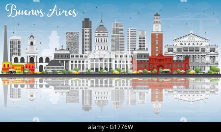 Buenos Aires Skyline con punti di riferimento di colore, cielo blu e riflessi. Illustrazione Vettoriale. Viaggi di affari e turismo Concept Illustrazione Vettoriale