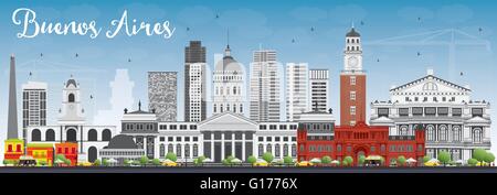 Buenos Aires Skyline con punti di riferimento di colore e cielo blu. Illustrazione Vettoriale. Viaggi di affari e turismo Concept Illustrazione Vettoriale