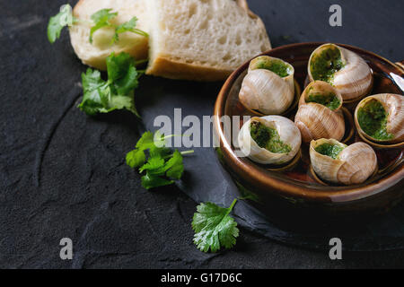 Escargots de Bourgogne - Lumache con burro alle erbe, piatto gourmet, in ceramica tradizionale padella con il prezzemolo e il pane sulla spranga di pietra Foto Stock