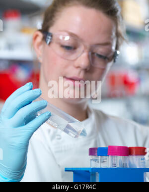 Scienziato preparazione di buffer per la purificazione di anticorpi in laboratorio, Jenner Institute dell'Università di Oxford Foto Stock