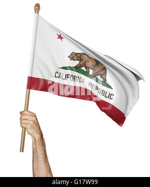 Mano orgogliosamente sventolare la bandiera dello Stato della California, rendering 3D Foto Stock