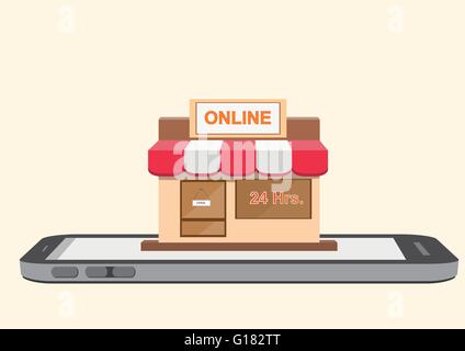 Illustrazione Vettoriale di negozio online shop su smart phone schermo mobile. shopping online concetto. eps 10 Illustrazione Vettoriale