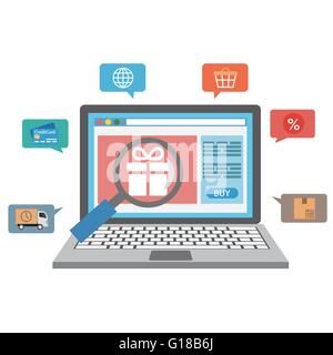 Computer portatile con shopping online icone Illustrazione Vettoriale