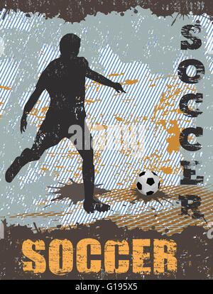 Soccer grunge sfondo poster con il giocatore silhouette, illustrazione vettoriale Illustrazione Vettoriale