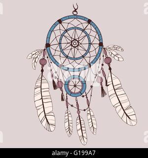 Dreamcatcher, piume e perline. Illustrazione Vettoriale