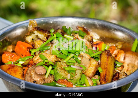 Verdure grigliate con grappolo verde-cipolla in piatto metallico su picnic all'aperto Foto Stock