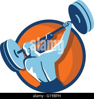 Illustrazione di un atleta oscillante sollevamento barbell guardando al lato visto dal retro impostata all'interno del cerchio su sfondo isolato fatto in stile retrò. Illustrazione Vettoriale