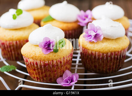 Cottage cheese tortine di meringa ornato di fiori e foglie di menta Foto Stock