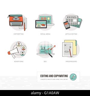 Editing, copywriting e giornalismo concetti, linea sottile icone e set di oggetti Illustrazione Vettoriale