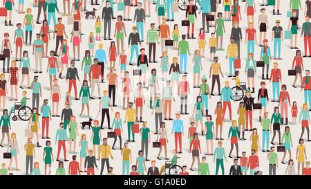 La folla di gente banner, uomini, donne e bambini, diversi gruppi etnici e abbigliamento Illustrazione Vettoriale