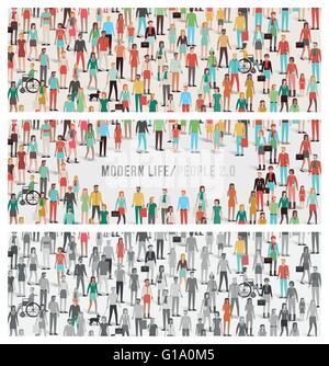 La folla di gente banners set, gran numero di uomini e donne, bambini, diversi gruppi etnici e abbigliamento, mondani e di Illustrazione Vettoriale