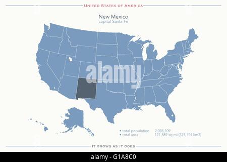 Stati Uniti d'America isolata e mappa dello stato del New Mexico territorio. vettore politico USA mappa geografica modello di pagina di intestazione Illustrazione Vettoriale