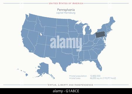 Stati Uniti d'America mappa isolato e Pennsylvania State territorio. vettore politico USA mappe geografiche. Modello di pagina di intestazione Illustrazione Vettoriale