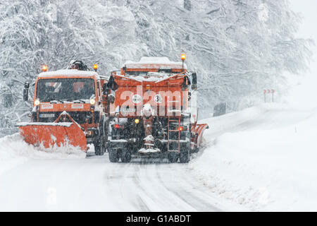 Spazzaneve carrello traversata da sulla strada di Transalpina di Energia vicino Ranca, Romania Foto Stock