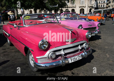 Una riga di un dipinto luminosamente vecchio anni cinquanta vetture americane sul display nel centro di Havana per i turisti per il noleggio di La Habana Cuba Foto Stock