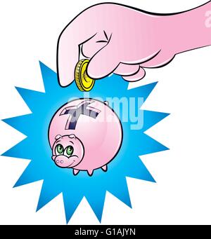 Illustrazione vettoriale di una mano inserendo un euro moneta in un salvadanaio con il segno più Illustrazione Vettoriale