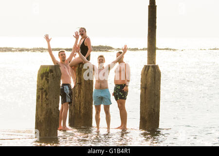 Aberystwyth Wales UK, giovedì 12 maggio 2016 UK Meteo: immersioni subacquee al molo in Aberystwyth. Nel tardo pomeriggio e la sera presto, con l'aria ancora molto calda, la gente sulla spiaggia in riva al mare in Aberystwyth, il Cardigan Bay costa del Galles occidentale, per godervi l'ultimo giorno di caldo meteo attuale mini ondata di caldo. Le temperature sono impostate a cadere nei prossimi giorni, con luminosa ma più freddo a condizioni che prevalgono nel paese Photo credit: Keith Morris/ Alamy Live News Foto Stock