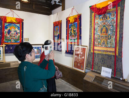 Nanjing, Nanjing, CHN. Il 12 maggio 2016. Nanjing, Cina - 12 Maggio 2016: (solo uso editoriale. Cina OUT ) mostra Thangka dalla contea Gongka Mozhu Yibet in Nanjing il Giardino di Yu. Un thangka, variamente spelta come tangka, thanka o tanka (pronuncia nepalese: [?t??un?ka]; il Tibetano: ?????; Nepal Bhasa: ????) è un buddista tibetano dipinto su cotone o seta appliquÂ¨â ¦, solitamente raffigurante una divinità buddista, scena o mandala. Thangkas sono tradizionalmente mantenuto privo di cornice e arrotolato quando non è sul display, montato su un supporto di materie tessili un po' in stile cinese dipinti di scorrimento, con un ulteriore coperchio di seta Foto Stock