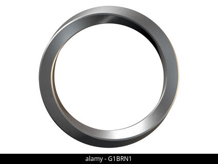Un rendering 3D di un simbolo di infinito anello realizzato di acciaio lucido su un isolato bianco di sfondo per studio Foto Stock