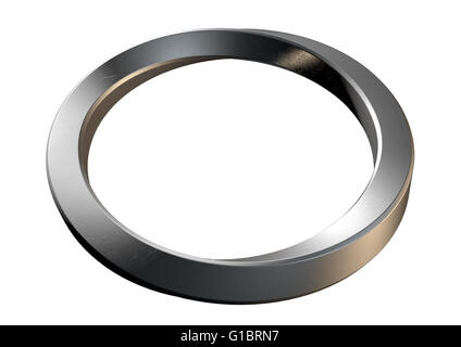 Un rendering 3D di un simbolo di infinito anello realizzato di acciaio lucido su un isolato bianco di sfondo per studio Foto Stock
