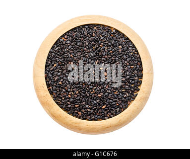 Pila di di semi di sesamo nero nel piatto di legno isolato su sfondo bianco, salva percorso di clipping. Foto Stock