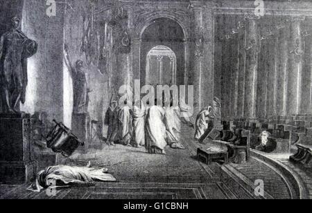 Incisione raffigurante la morte di Giulio Cesare (100-44 a.C.) Gaio Giulio Cesare fu uno statista romano, generale e notevole autore di prosa latina. Foto Stock