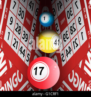 Le sfere di Bingo rotolamento tra le schede di Bingo sfondo Foto Stock