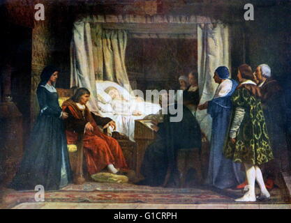 Pittura intitolato "La Regina Isabel la Católica a dettare la sua ultima volontà e testamento' da Eduardo Rosales (1836-1873) pittore spagnolo. Datata del XIX secolo Foto Stock