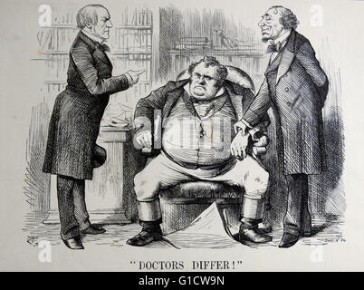 La satira politica che ritrae William Ewart Gladstone (1809-1898) e Benjamin Disraeli (1804-1881) sia l'ex primo ministro della Gran Bretagna, e John Bull, una personificazione nazionale della Gran Bretagna in generale. Da Sir John Tenniel (1820-1914) un illustratore inglese, UMORISTA GRAFICO E fumettista politico. Datata del XIX secolo Foto Stock