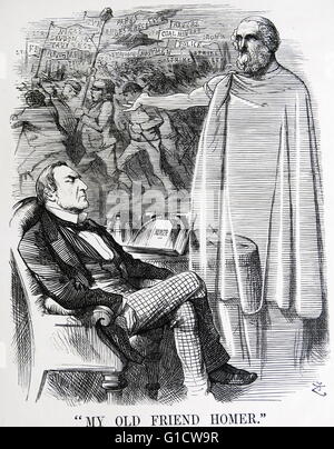 La satira politica che ritrae William Ewart Gladstone (1809-1898) ex primo ministro della Gran Bretagna e il suo vecchio amico Omero" per richiamare la sua attenzione per le crescenti tensioni sociali nel paese. Da Sir John Tenniel (1820-1914) un illustratore inglese, UMORISTA GRAFICO E fumettista politico. Datata del XIX secolo Foto Stock