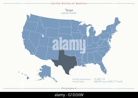 Stati Uniti d'America mappa isolato e Texas membro territorio. vettore politico USA mappa geografica modello di pagina di intestazione Illustrazione Vettoriale