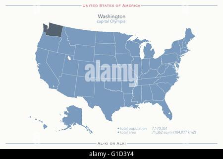 Stati Uniti d'America mappa isolato e nello stato di Washington territorio. vettore politico USA mappa geografica modello di pagina di intestazione Illustrazione Vettoriale