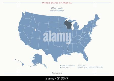 Stati Uniti d'America mappa isolato e Wisconsin membro territorio. vettore politico USA mappa geografica modello di pagina di intestazione Illustrazione Vettoriale