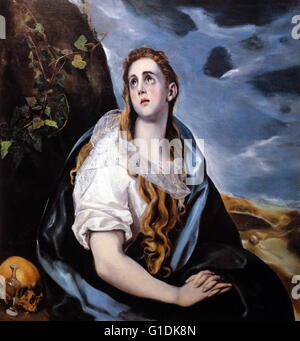 Pittura intitolato 'Saint Maria Magadlen in penitenza' da El Greco (1541-1614) un pittore, scultore e architetto del Rinascimento spagnolo. Risalenti al XVII secolo Foto Stock