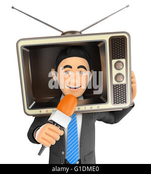 3d business persone illustrazione. reporter con una televisione vintage in testa e microfono. isolato sullo sfondo bianco. Foto Stock