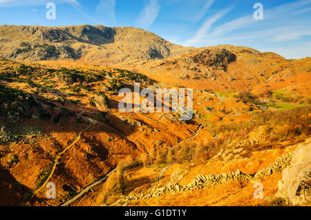 Vista su Yewdale e Yewdale Fells nel distretto del lago verso Wetherlam Foto Stock