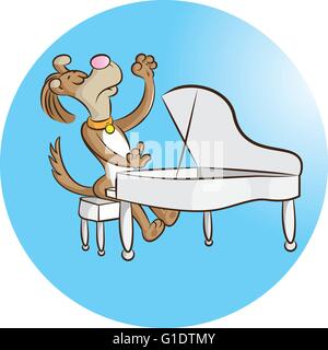 Illustrazione vettoriale di un cane suonando piano su sfondo blu Illustrazione Vettoriale