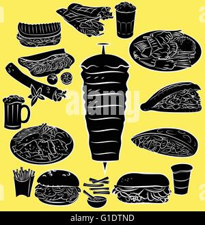 Illustrazione Vettoriale di Döner Kebab collezione nella modalità silhouette su sfondo giallo Illustrazione Vettoriale