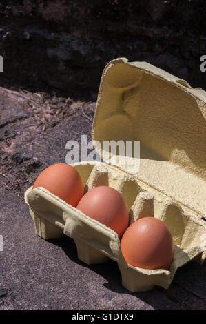 Tre grandi uova in un riciclati box giallo sulla pavimentazione. Fuori nel sole. Composizione diagonale. Foto Stock