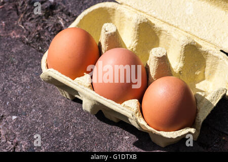 Tre grandi uova in un riciclati box giallo sulla pavimentazione. Fuori nel sole. Composizione diagonale. Foto Stock