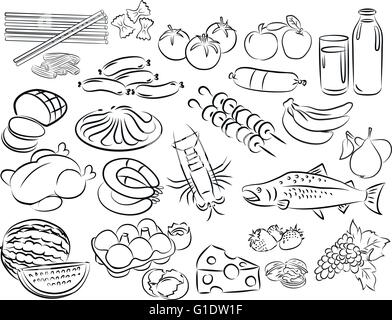 Illustrazione vettoriale di prodotti alimentari raccolta in bianco e nero Illustrazione Vettoriale