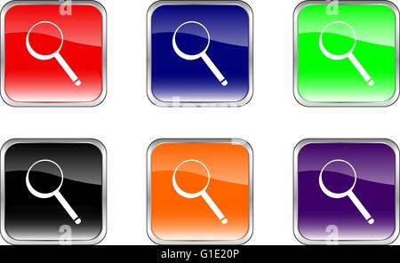 Lente di ingrandimento di pulsanti su uno sfondo bianco. Illustrazione Vettoriale. Illustrazione Vettoriale
