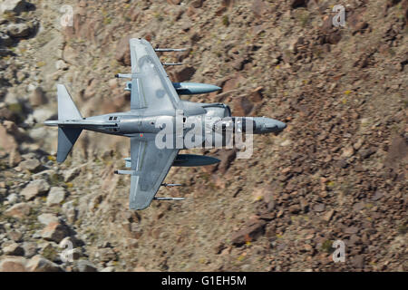 Corpo della Marina degli Stati Uniti AV-8B Harrier II, ruotando il disco come si vola basso attraverso un canyon del deserto del Mojave Desert, California, Stati Uniti d'America. Foto Stock