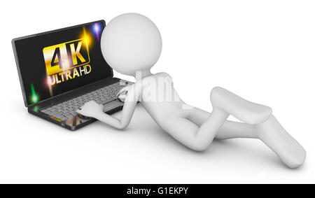 4K portatile e un uomo su uno sfondo bianco, 3d rendering. Foto Stock