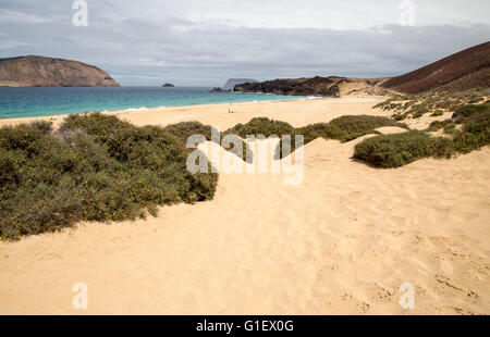 Montana Clara isola riserva naturale e la spiaggia di sabbia di Playa de las Conchas, Graciosa island, Lanzarote, Isole Canarie, Spagna Foto Stock