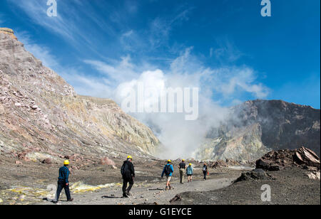 I turisti su terreni al vulcano attivo Whakaari Isola Bianca Nuova Zelanda Foto Stock